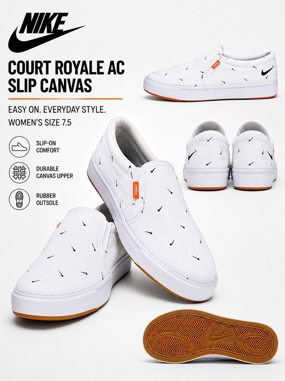 Nike Court Royale AC Slip Canvas White Mini Swoosh Slip-On Shoes Women's 7.5 - Picture 2 of 7